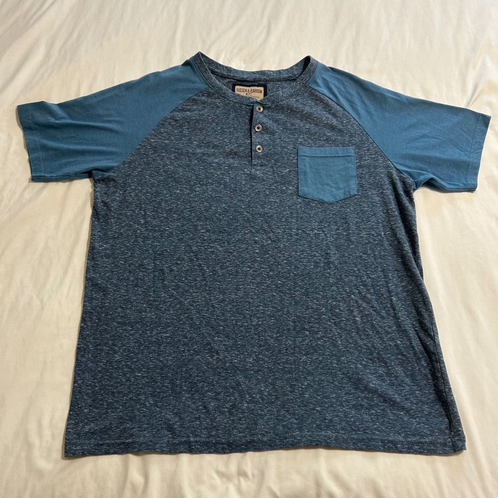 Hudson & Barrow Mens Blue Space Dye Henley Shirt Raglan Short Sleeve Large